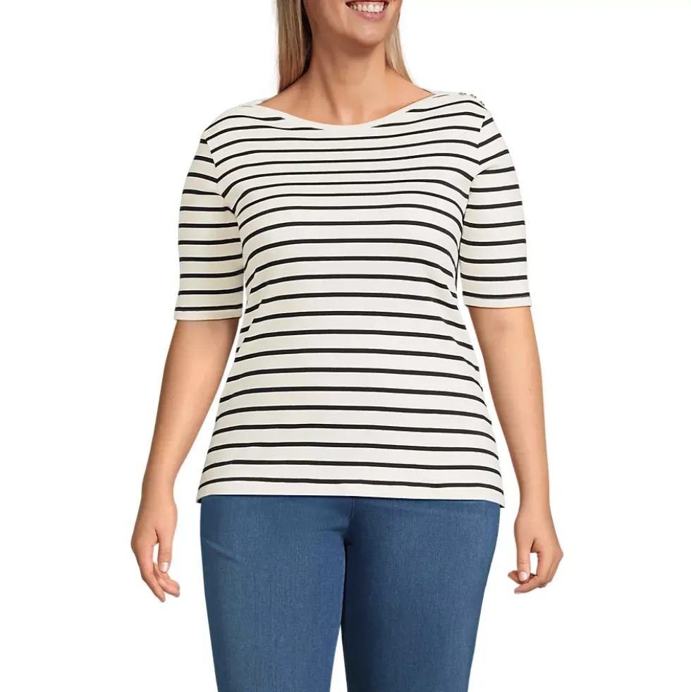Women's Supima Cotton Elbow Sleeve Boatneck Button Shoulder Tee