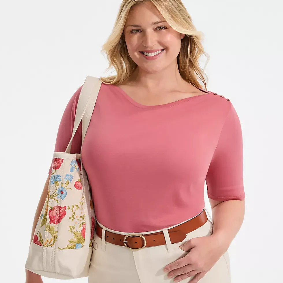 Women's Supima Cotton Elbow Sleeve Boatneck Button Shoulder Tee