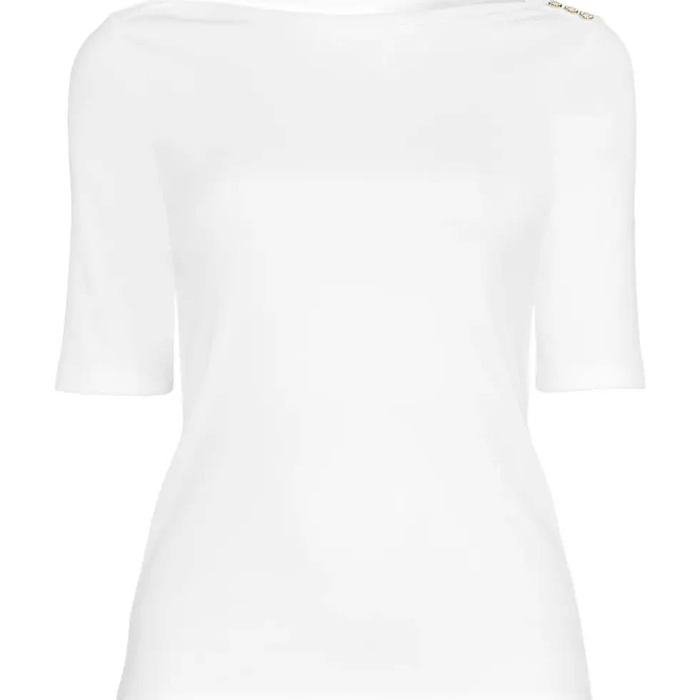 Women's Supima Cotton Elbow Sleeve Boatneck Button Shoulder Tee