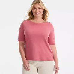 Women's Supima Cotton Elbow Sleeve Boatneck Button Shoulder Tee