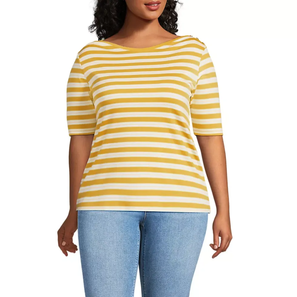 Women's Supima Cotton Elbow Sleeve Boatneck Button Shoulder Tee