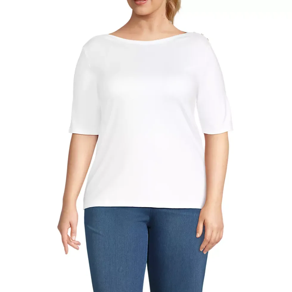 Women's Supima Cotton Elbow Sleeve Boatneck Button Shoulder Tee