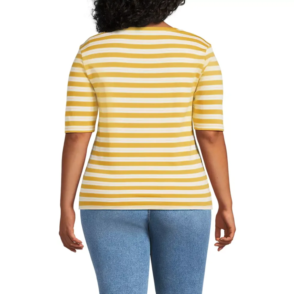 Women's Supima Cotton Elbow Sleeve Boatneck Button Shoulder Tee