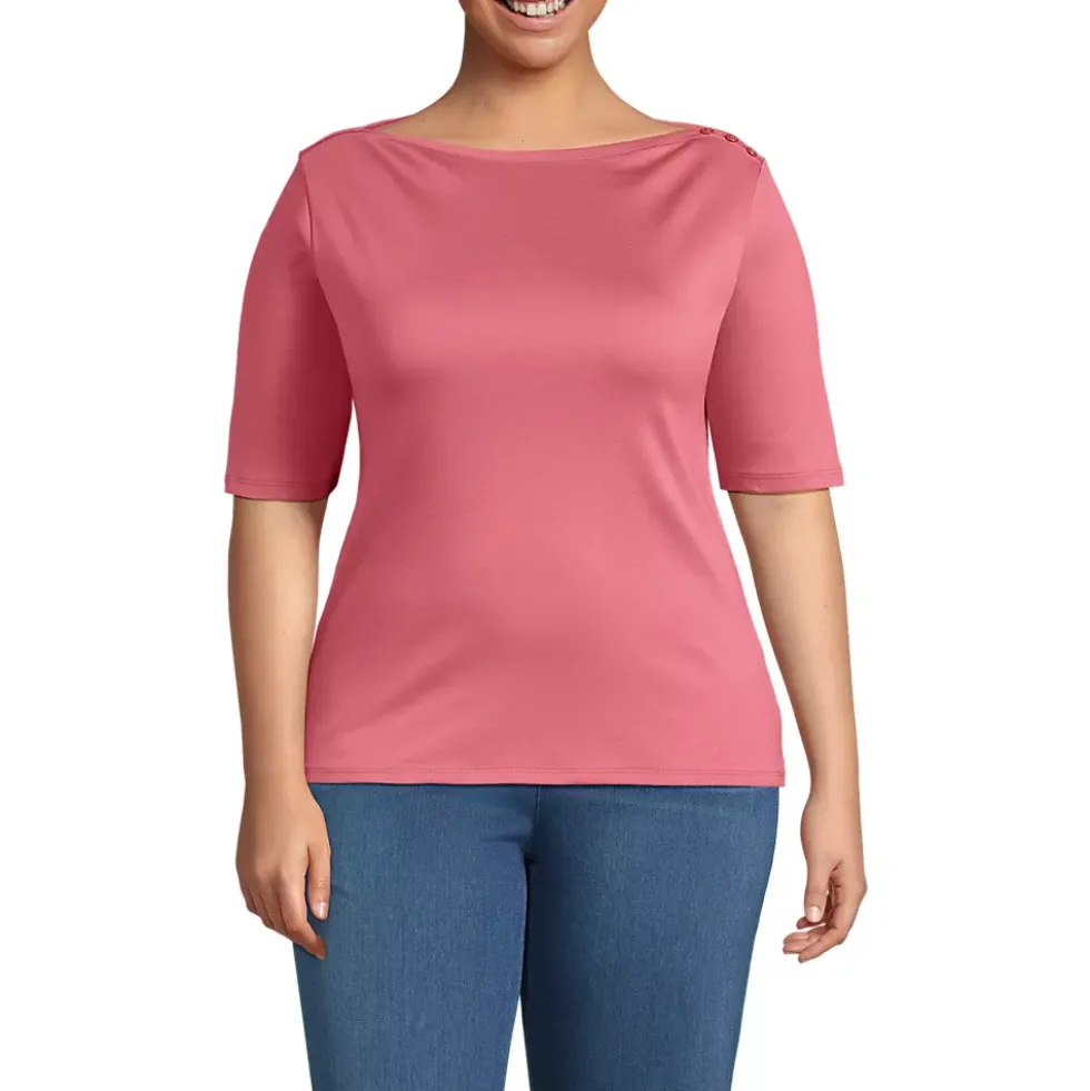 Women's Supima Cotton Elbow Sleeve Boatneck Button Shoulder Tee