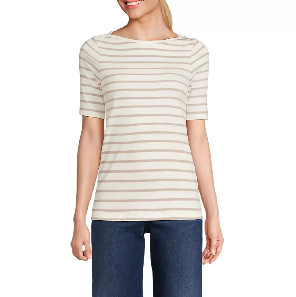 Women's Supima Cotton Elbow Sleeve Boatneck Button Shoulder Tee