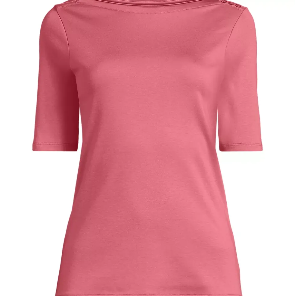 Women's Supima Cotton Elbow Sleeve Boatneck Button Shoulder Tee