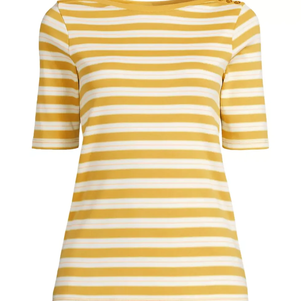 Women's Supima Cotton Elbow Sleeve Boatneck Button Shoulder Tee