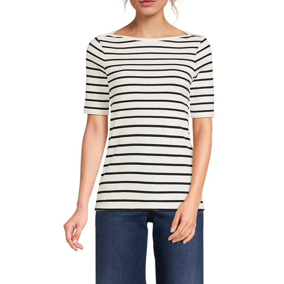 Women's Supima Cotton Elbow Sleeve Boatneck Button Shoulder Tee