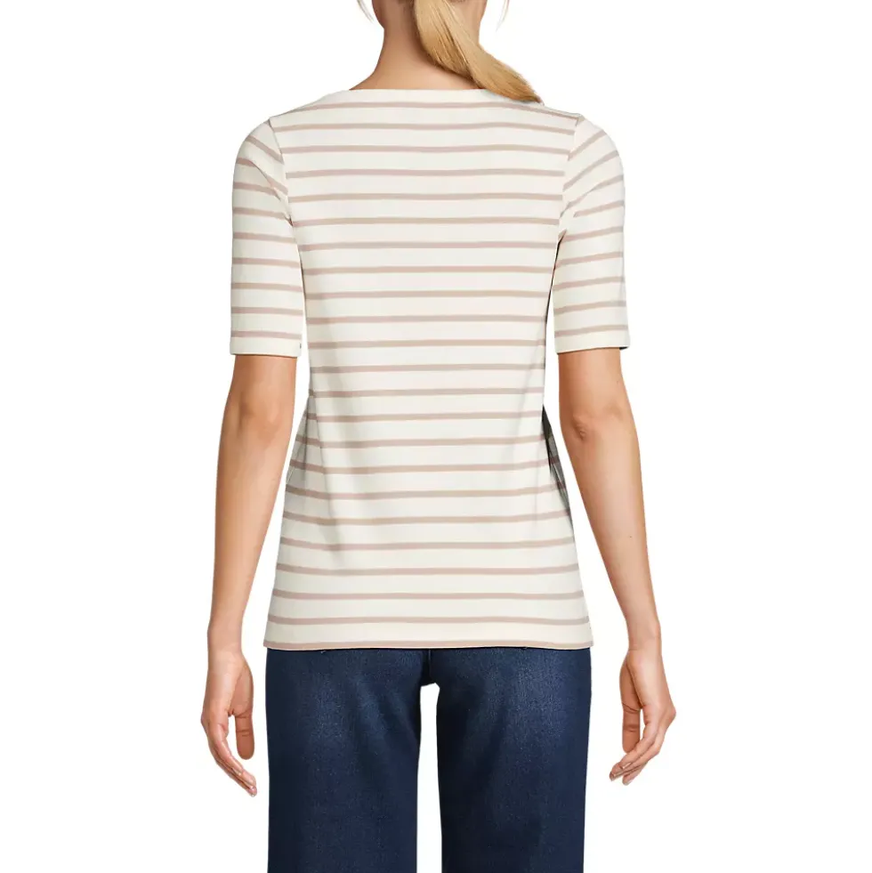 Women's Supima Cotton Elbow Sleeve Boatneck Button Shoulder Tee