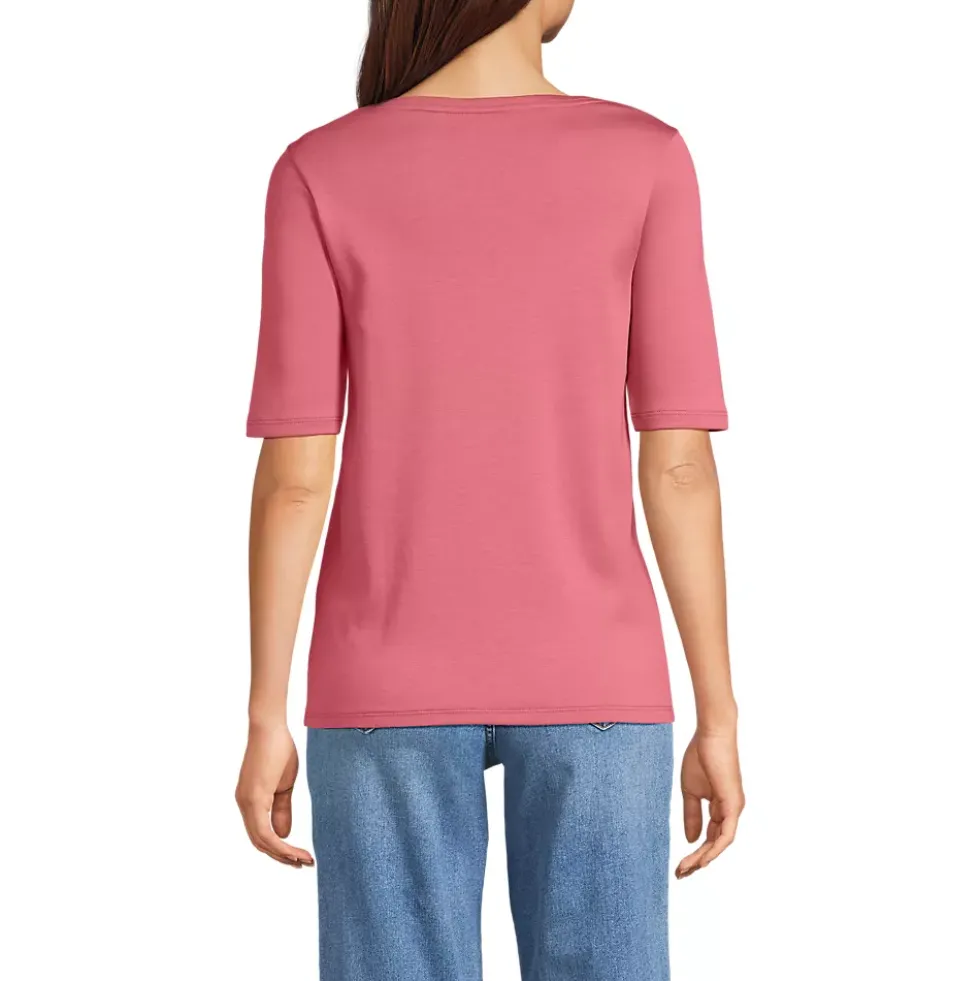 Women's Supima Cotton Elbow Sleeve Boatneck Button Shoulder Tee