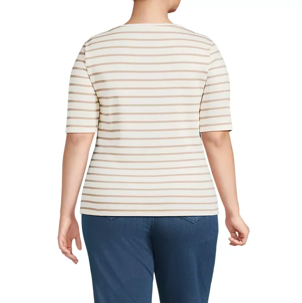 Women's Supima Cotton Elbow Sleeve Boatneck Button Shoulder Tee
