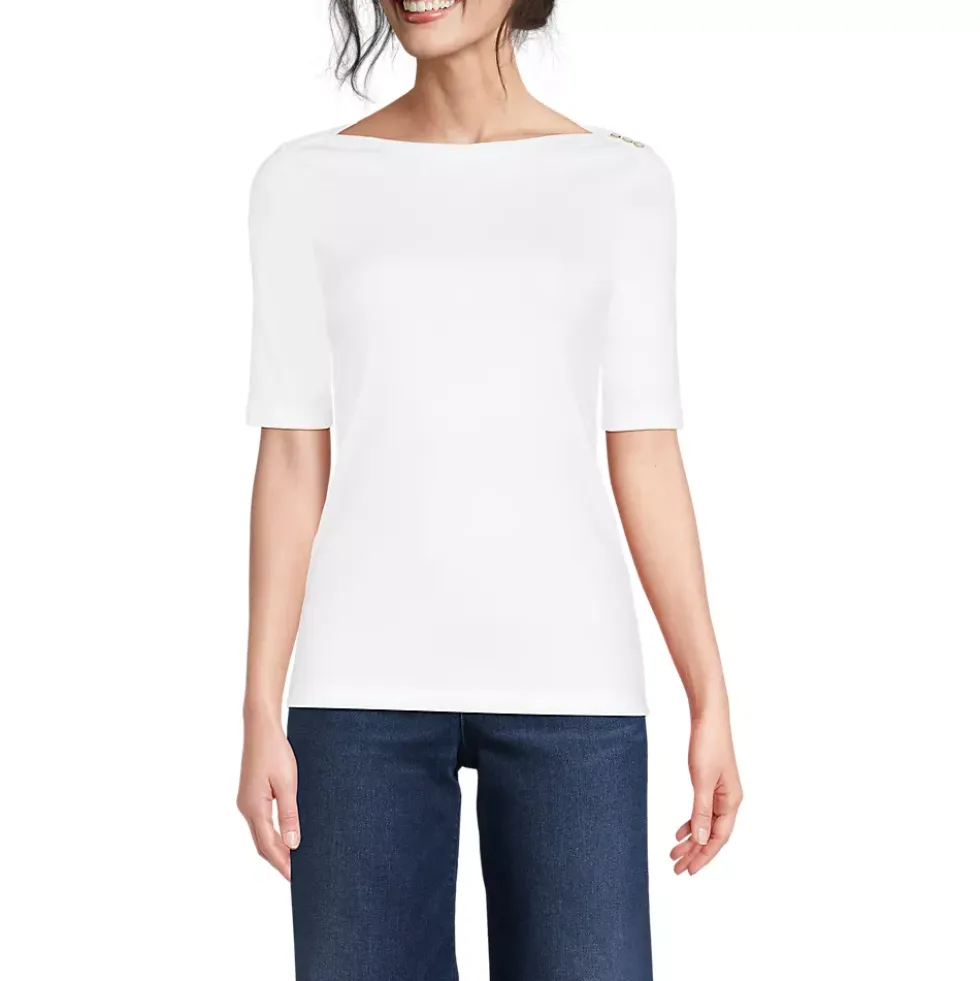 Women's Supima Cotton Elbow Sleeve Boatneck Button Shoulder Tee