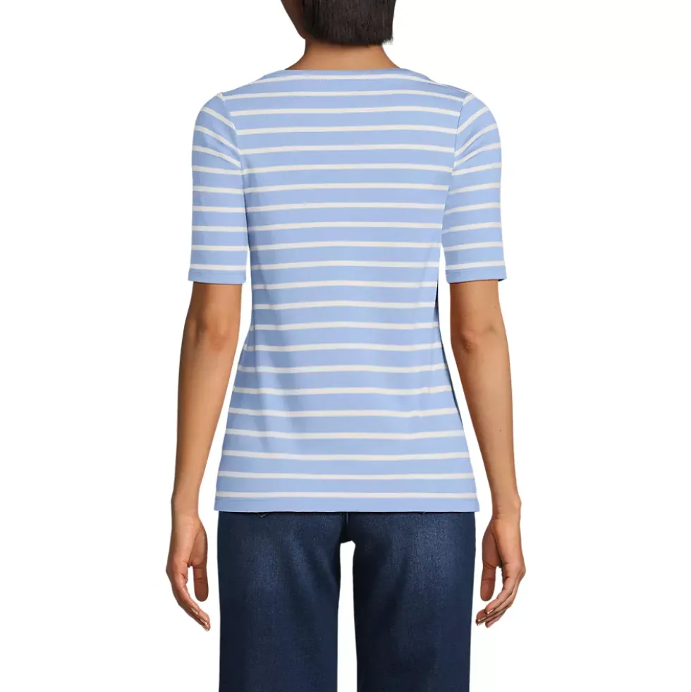 Women's Supima Cotton Elbow Sleeve Boatneck Button Shoulder Tee