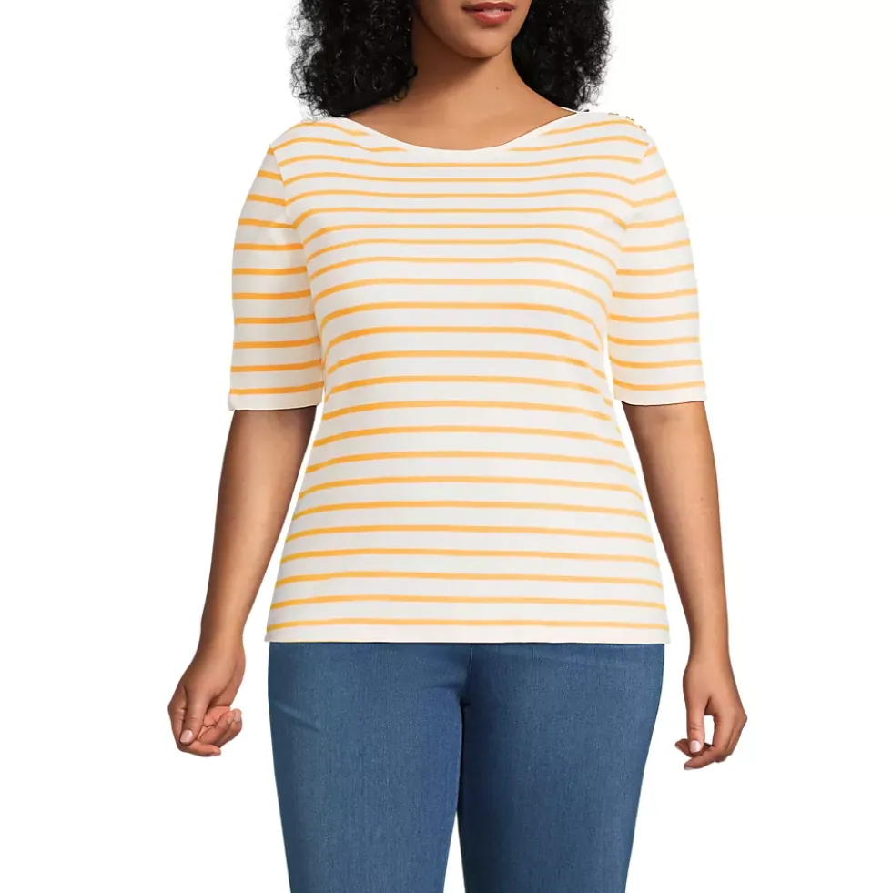 Women's Supima Cotton Elbow Sleeve Boatneck Button Shoulder Tee