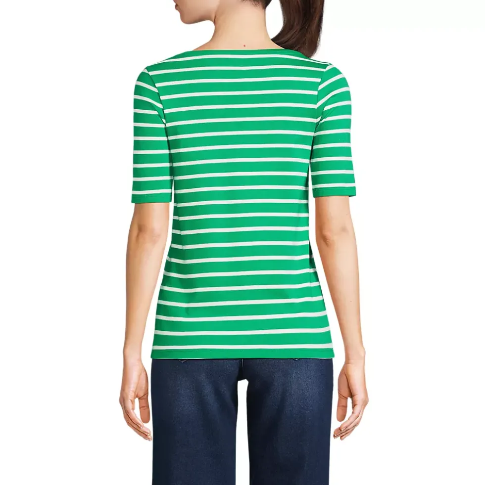 Women's Supima Cotton Elbow Sleeve Boatneck Button Shoulder Tee