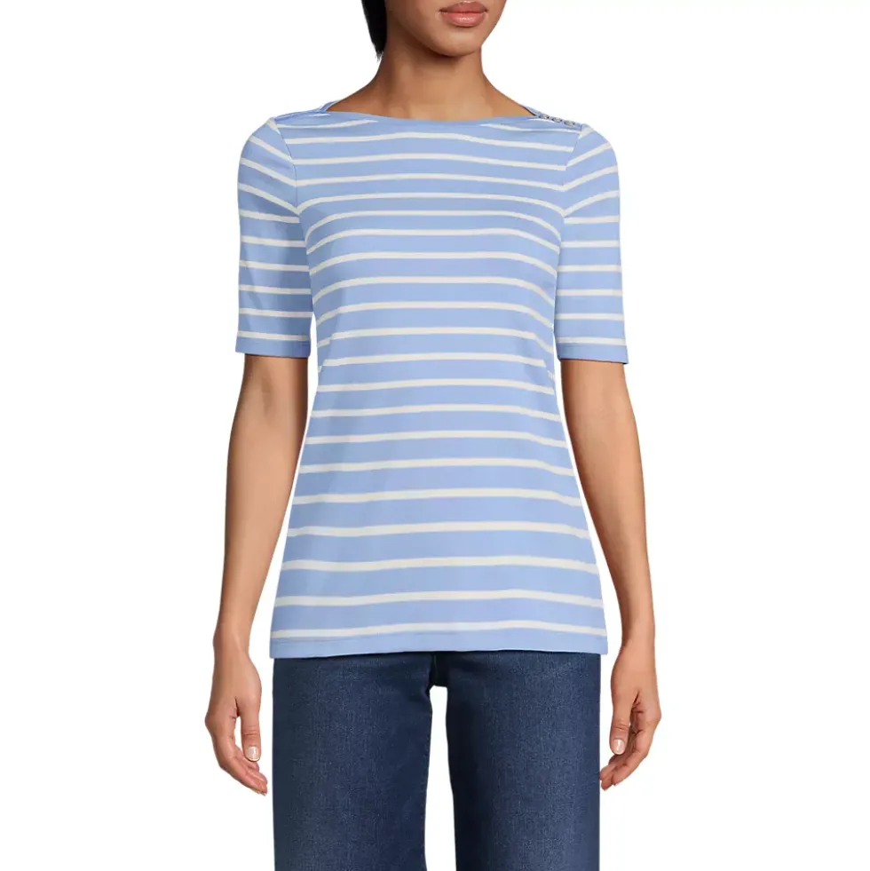 Women's Supima Cotton Elbow Sleeve Boatneck Button Shoulder Tee