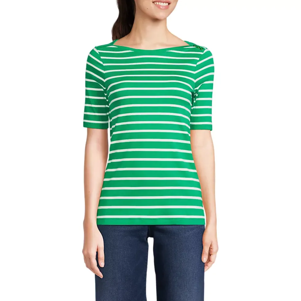 Women's Supima Cotton Elbow Sleeve Boatneck Button Shoulder Tee