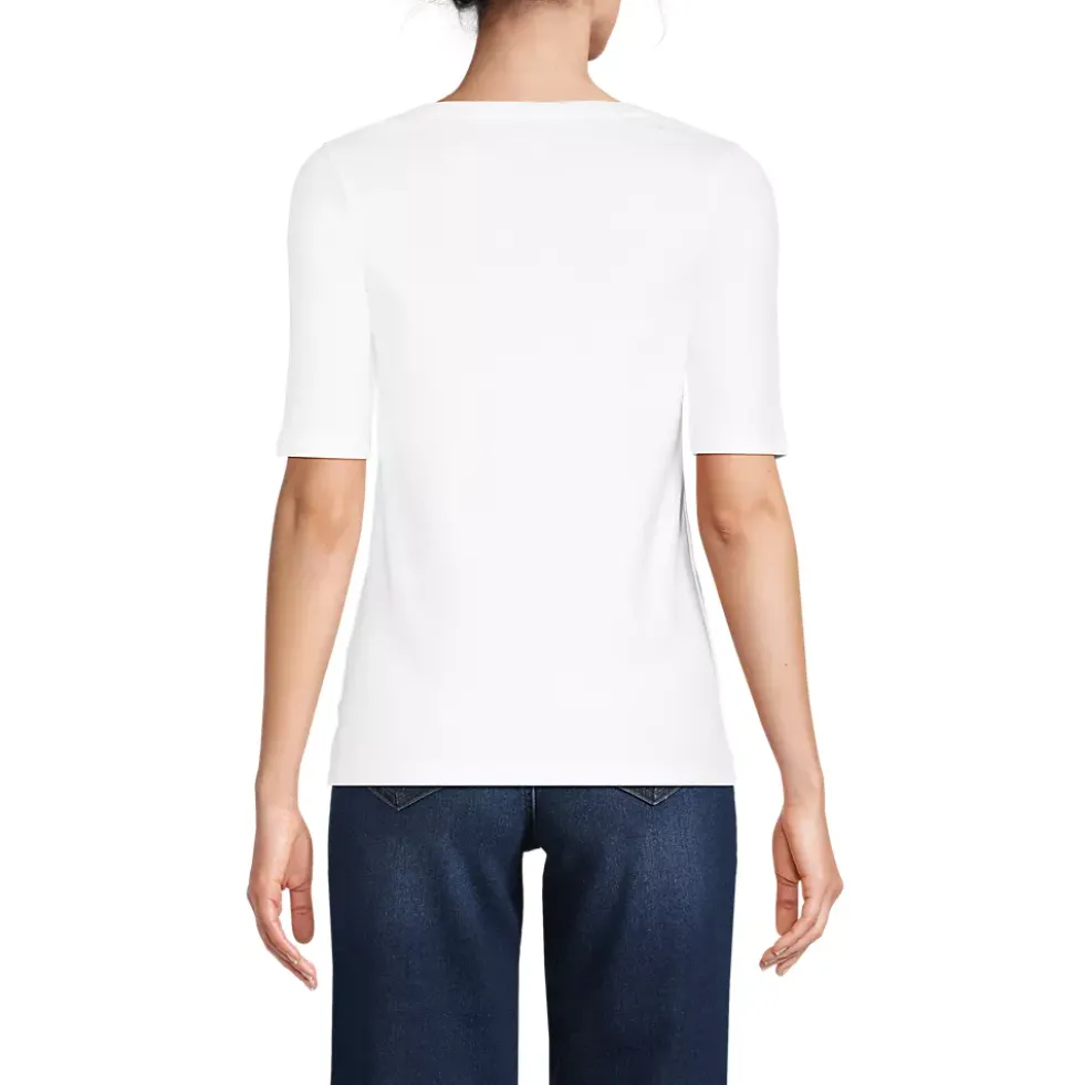 Women's Supima Cotton Elbow Sleeve Boatneck Button Shoulder Tee