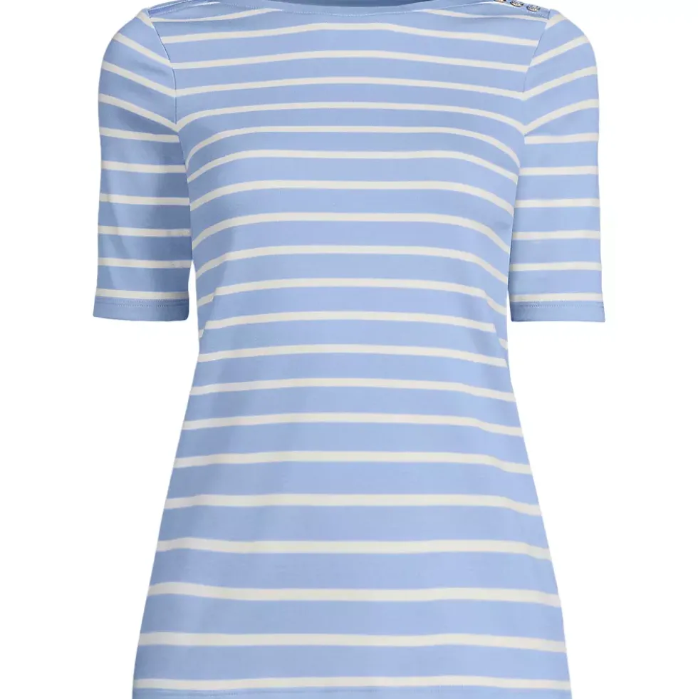 Women's Supima Cotton Elbow Sleeve Boatneck Button Shoulder Tee