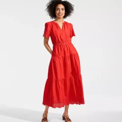 Women's Tiered Cotton Poplin Eyelet Maxi Dress
