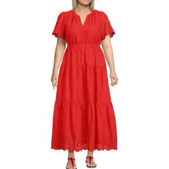 Women's Tiered Cotton Poplin Eyelet Maxi Dress