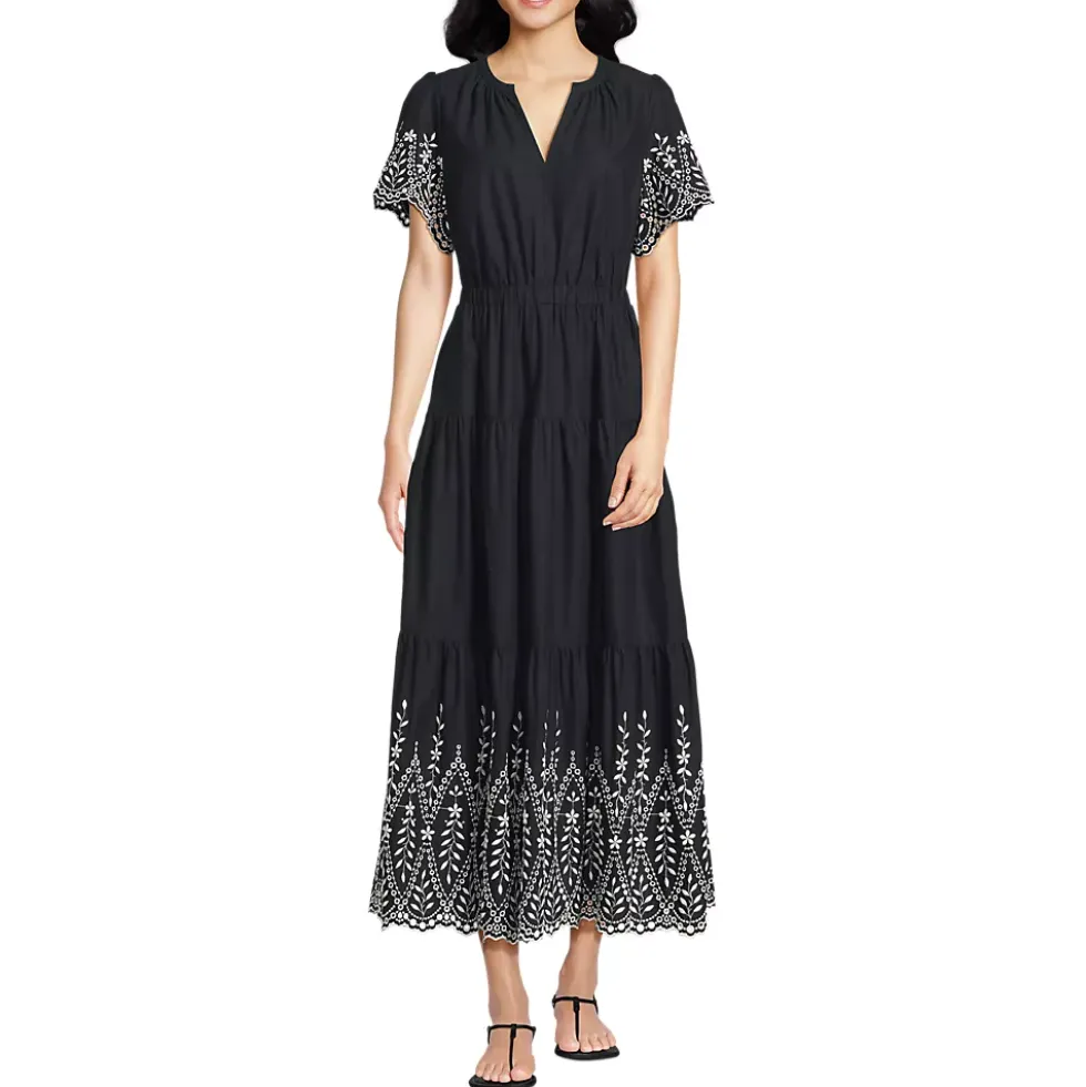 Women's Tiered Cotton Poplin Eyelet Maxi Dress