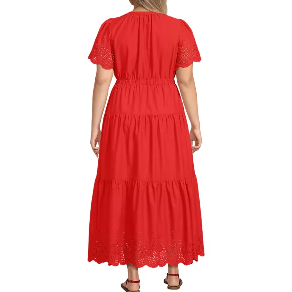 Women's Tiered Cotton Poplin Eyelet Maxi Dress