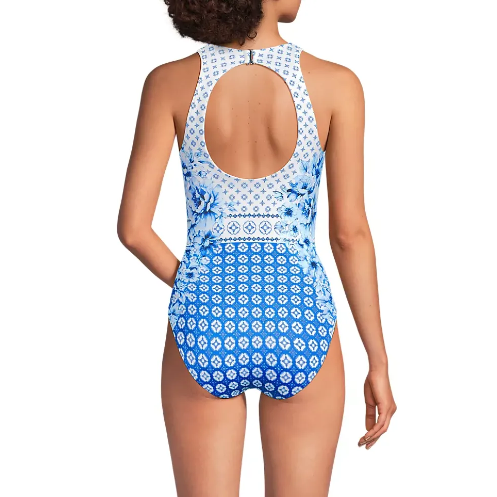 Women's Tugless High Neck Portrait Back One Piece Swimsuit