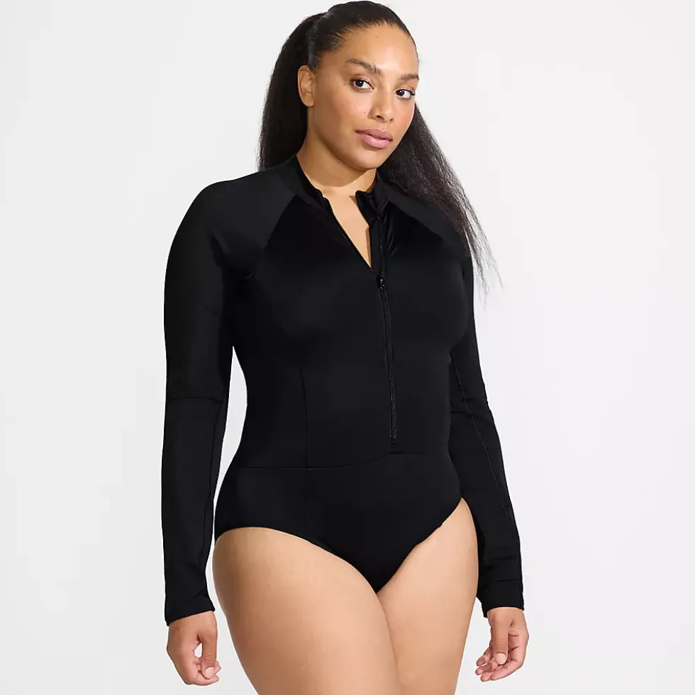 Women's Tugless Long Sleeve Rash Guard One Piece Swimsuit