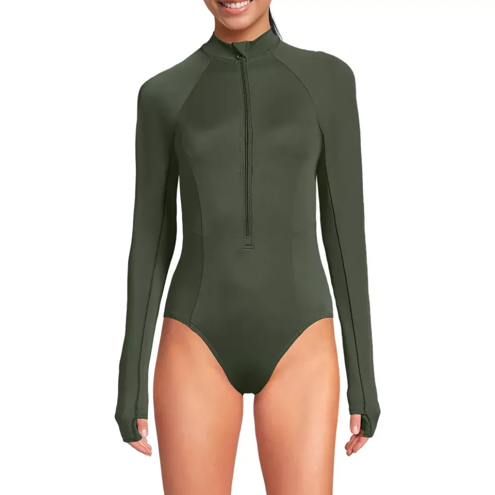 Women's Tugless Long Sleeve Rash Guard One Piece Swimsuit