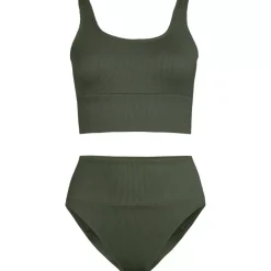 Women's Tugless Ribbed Midkini and High Waisted Bottom Swimsuit Set