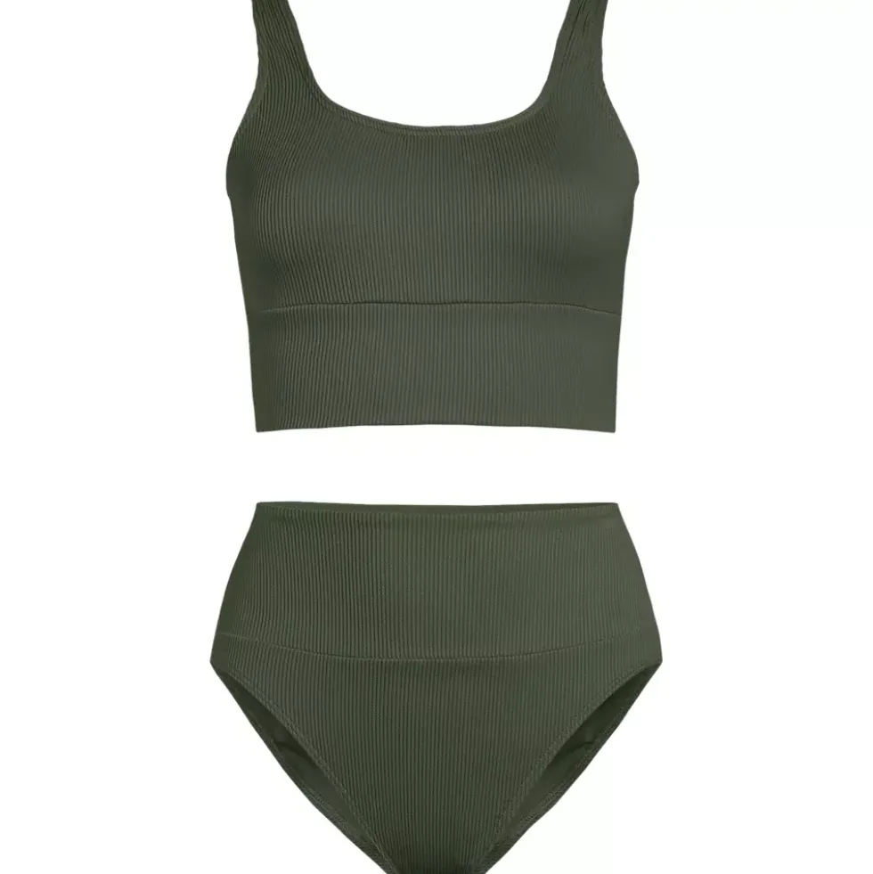 Women's Tugless Ribbed Midkini and High Waisted Bottom Swimsuit Set