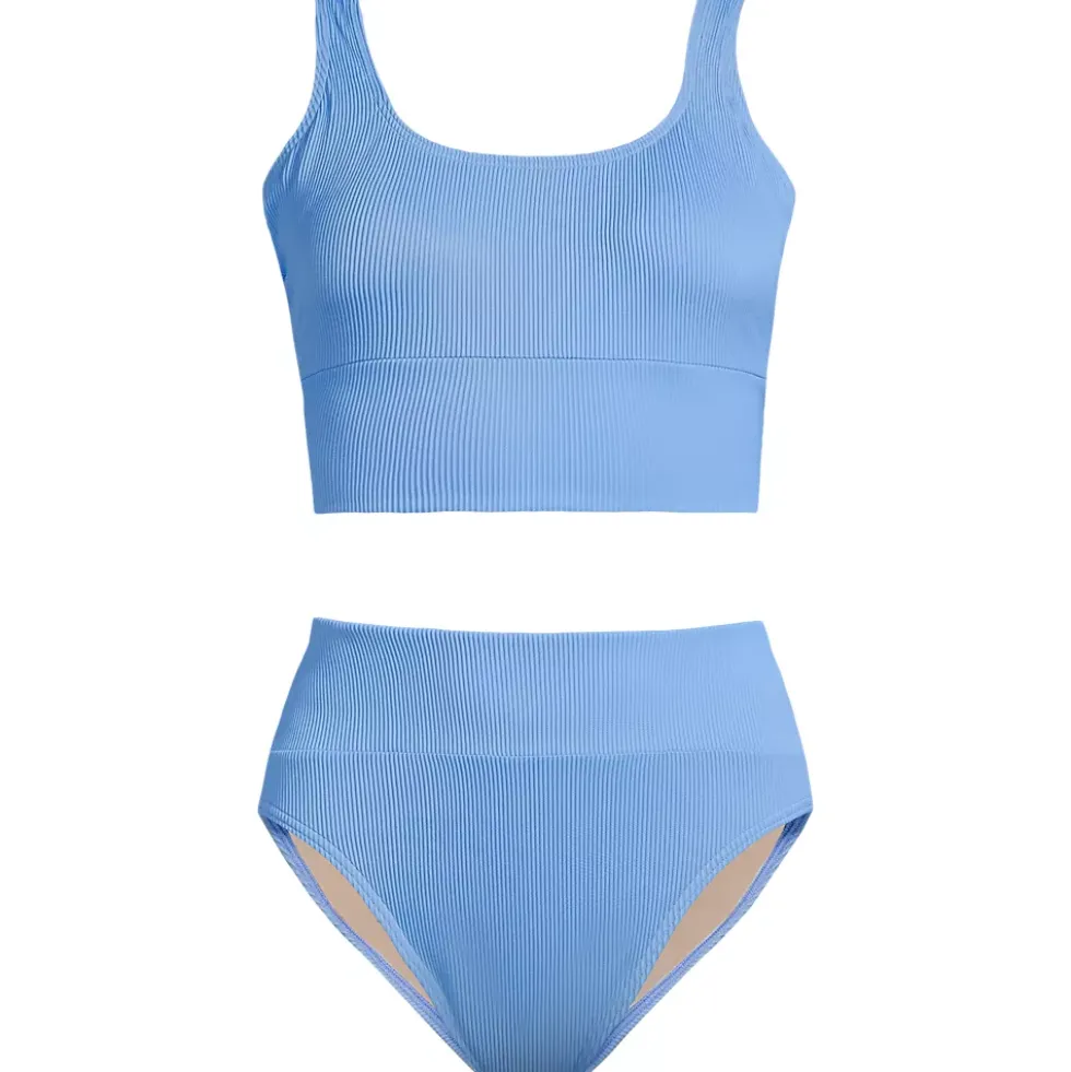 Women's Tugless Ribbed Midkini and High Waisted Bottom Swimsuit Set