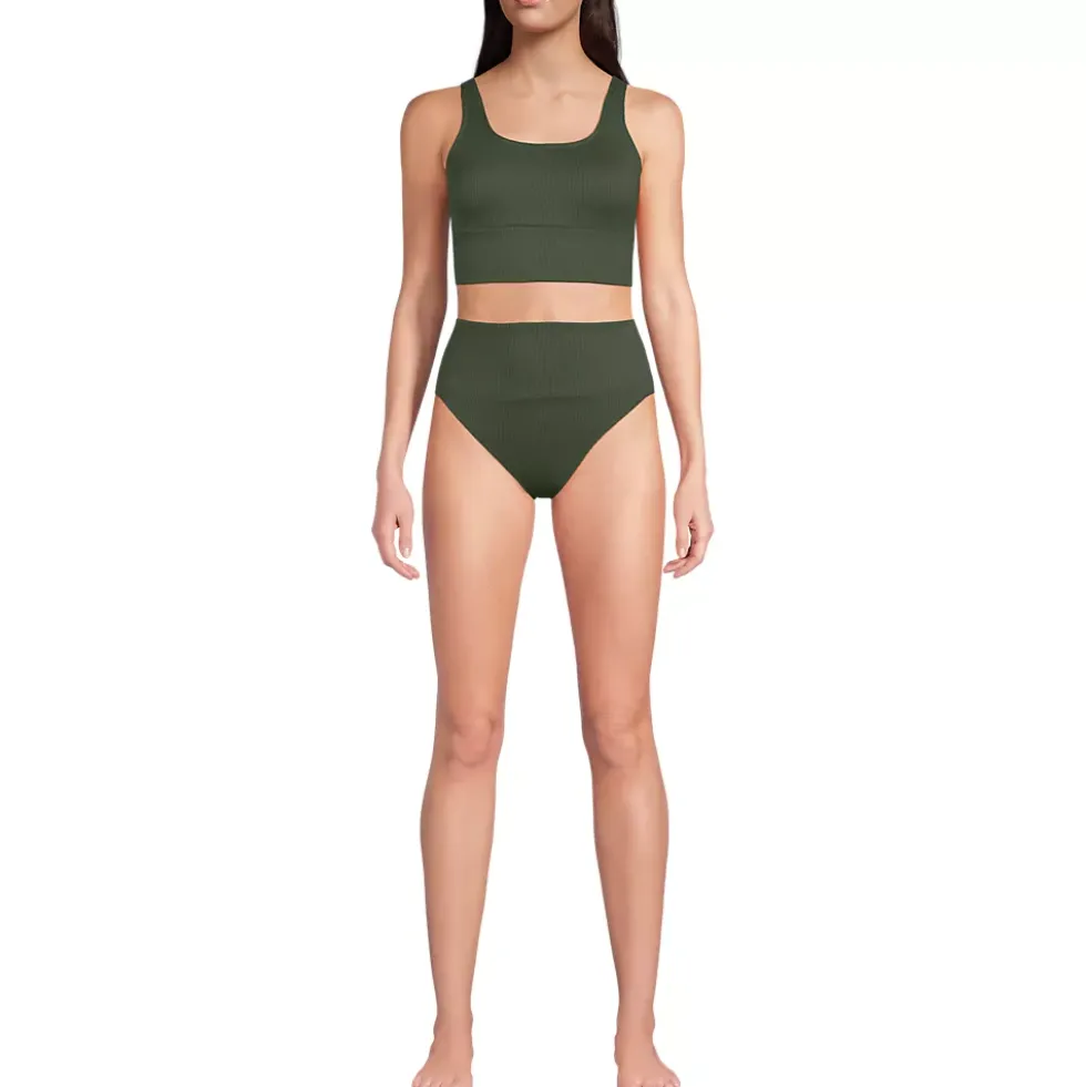 Women's Tugless Ribbed Midkini and High Waisted Bottom Swimsuit Set