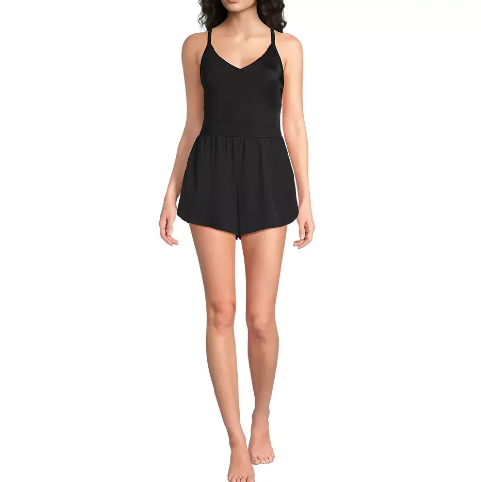 Women's Tugless V-Neck Strappy X-Back Swim Romper