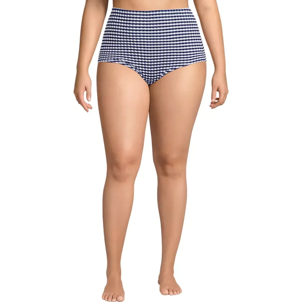 Women's Tummy Control Gingham Tugless High Waisted Bikini Bottoms