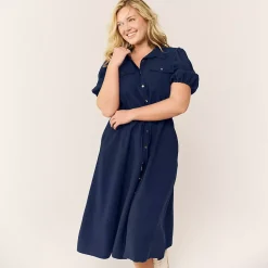 Women's Twill Button Front Fluid Short Sleeve Dress