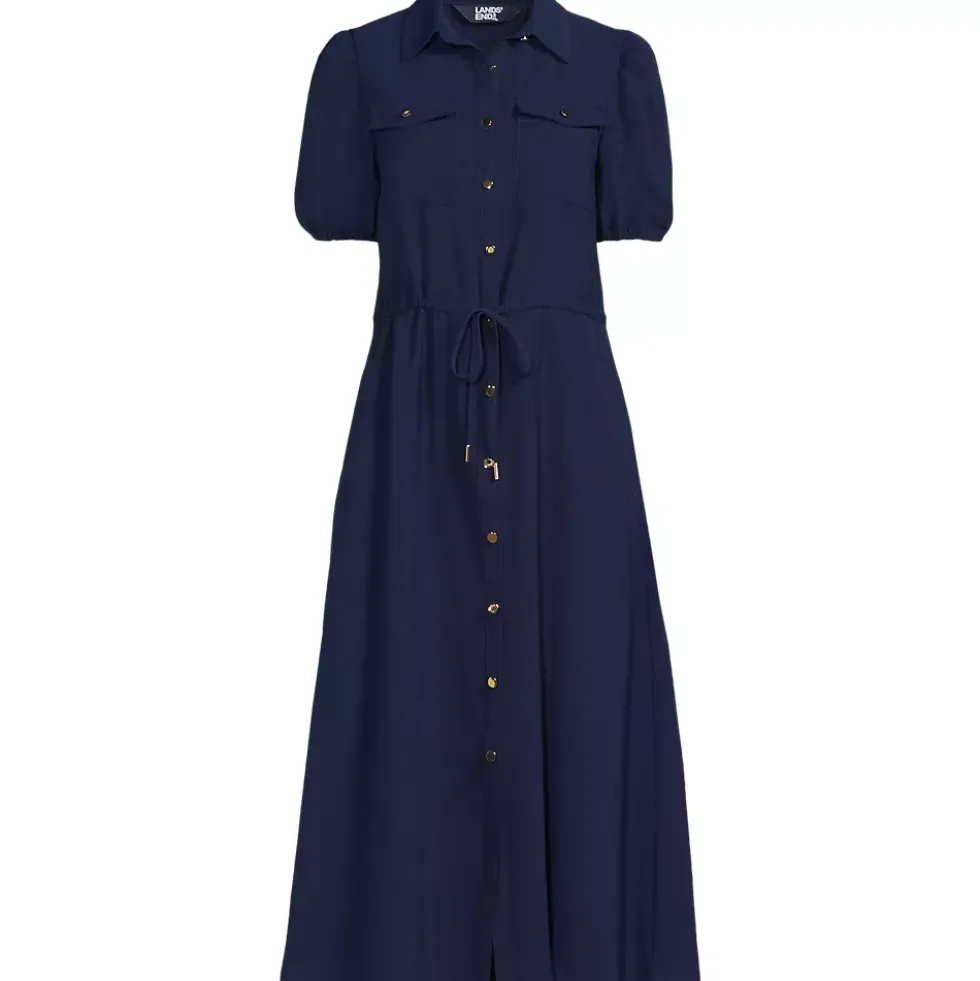 Women's Twill Button Front Fluid Short Sleeve Dress