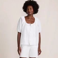 Women's Voile Puff Elbow Sleeve Embroidered Blouse
