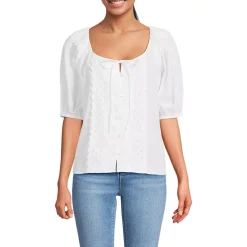 Women's Voile Puff Elbow Sleeve Embroidered Blouse