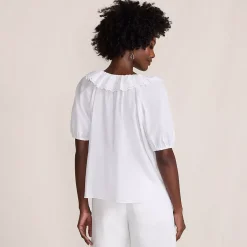 Women's Voile Puff Elbow Sleeve Embroidered Blouse