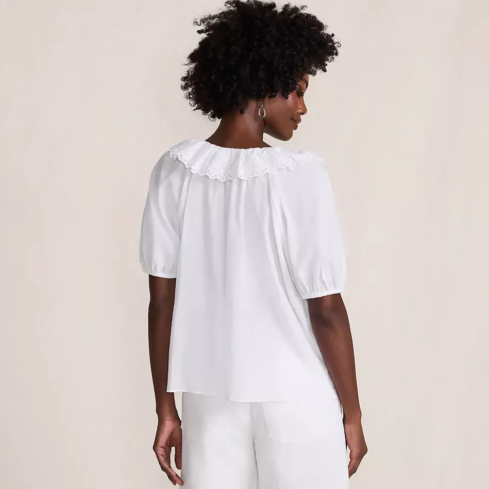Women's Voile Puff Elbow Sleeve Embroidered Blouse
